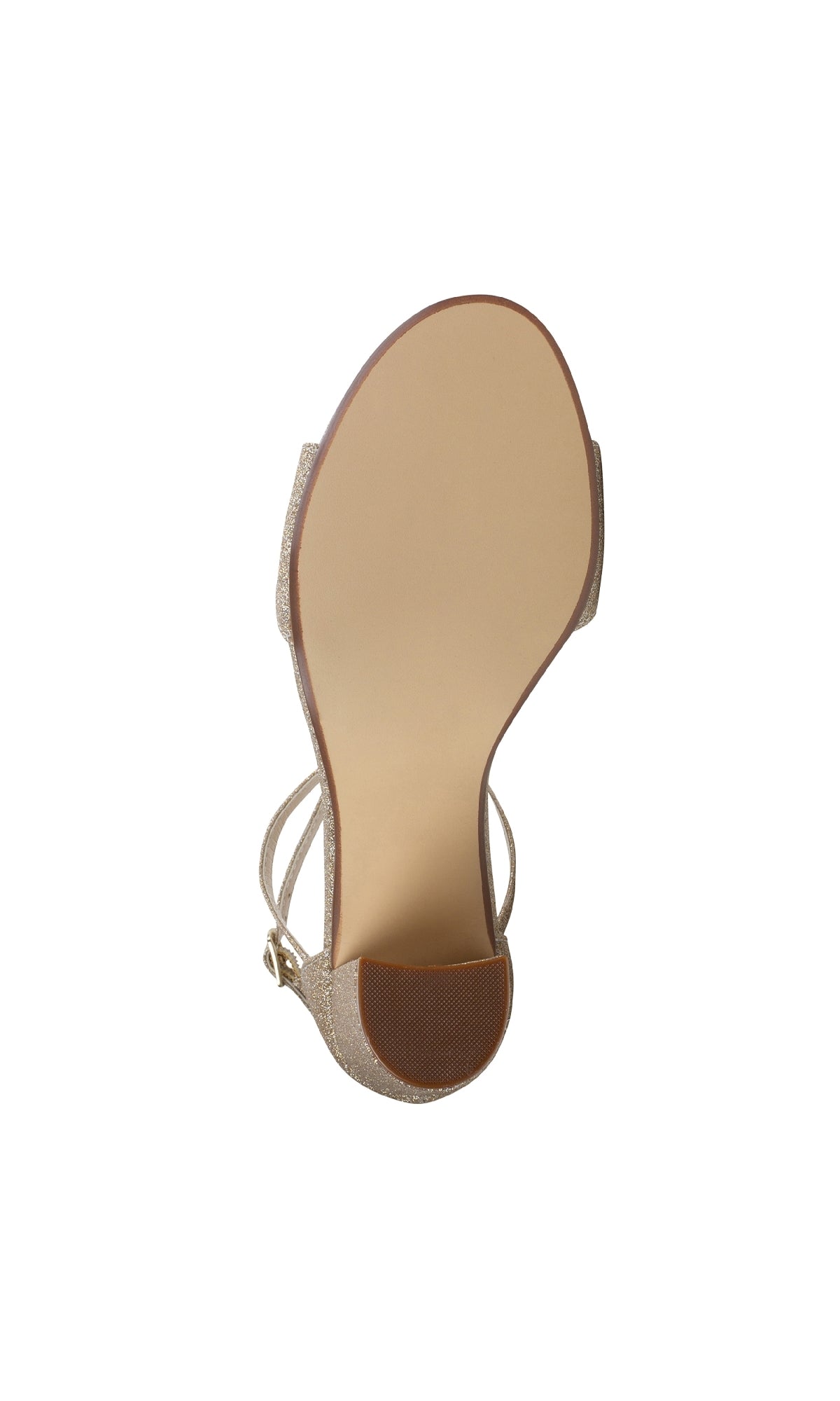 Bottom view of a single Jordy Champagne Glitter Prom Shoe (Touch Ups 4630) with a beige block heel, smooth sole, and textured section under the heel.